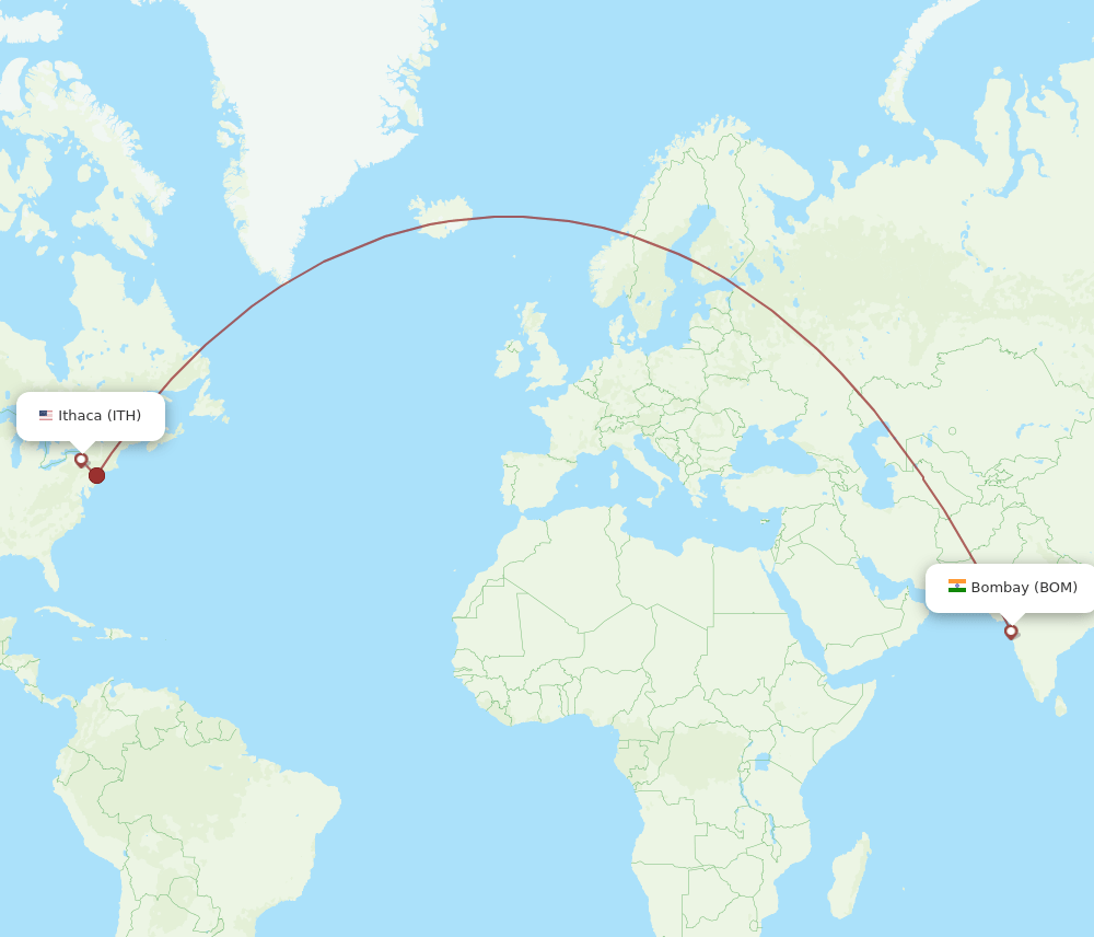 Mumbai - Ithaca route map and flight paths