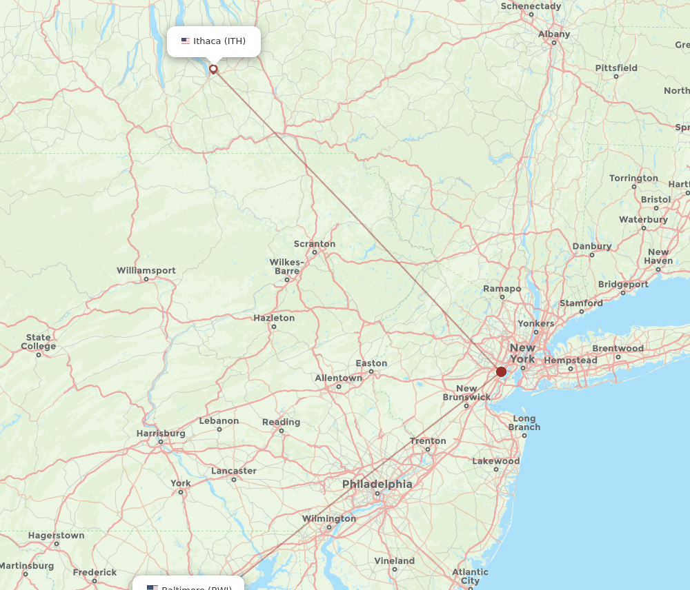 Ithaca - Baltimore route map and flight paths