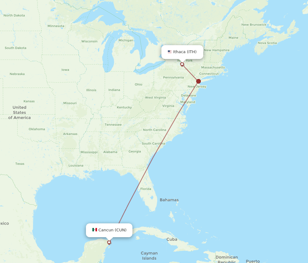 ITH to CUN flights and routes map