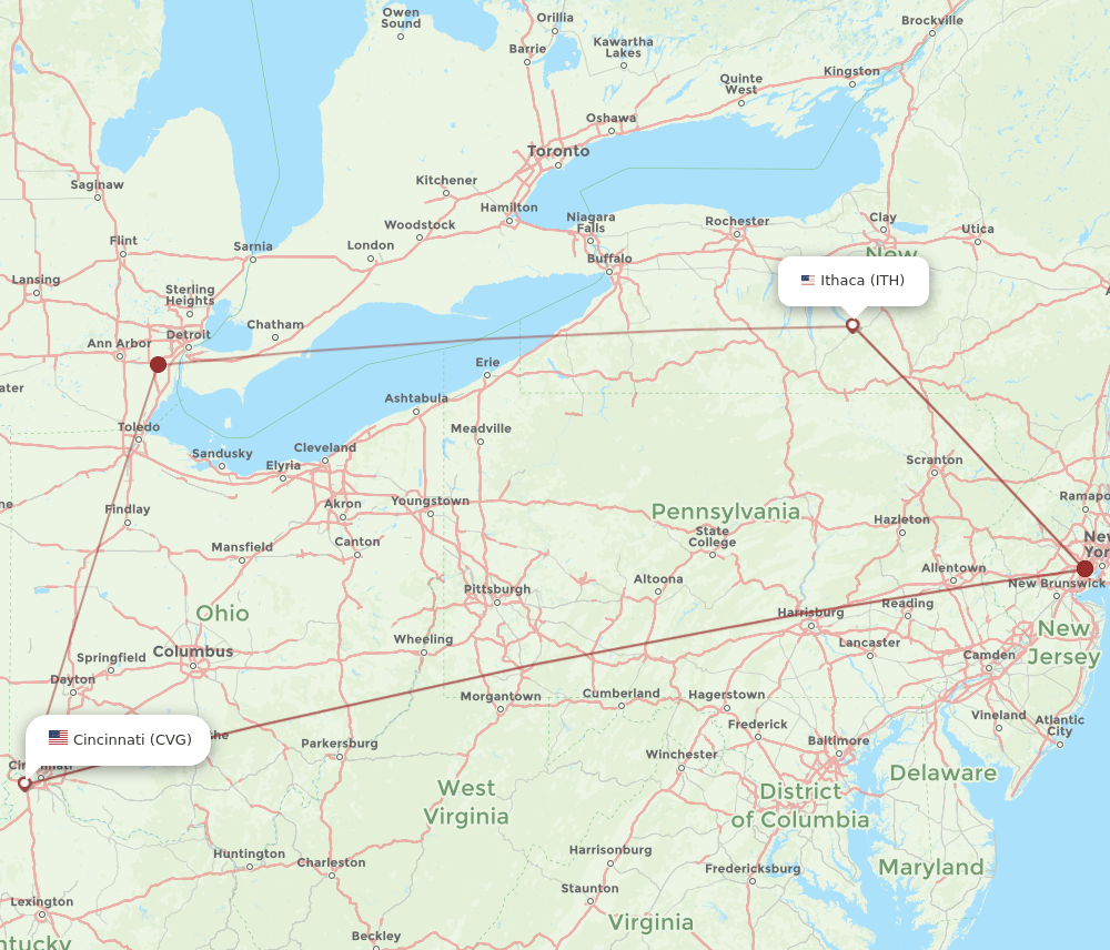 ITH-CVG flight routes