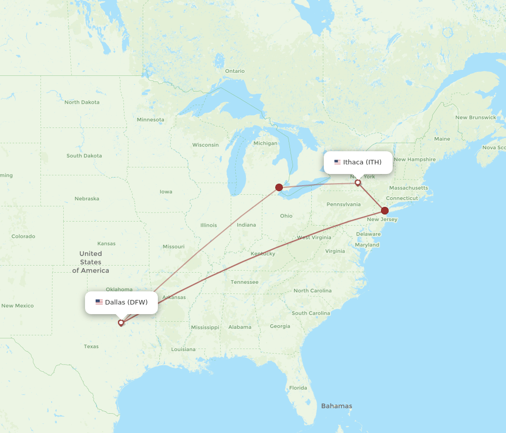 ITH to DFW flights and routes map