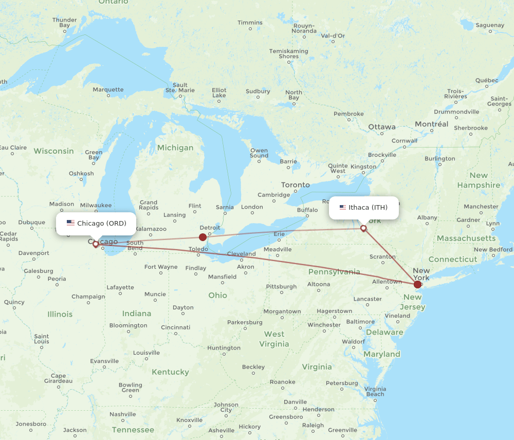 ITH-ORD flight routes