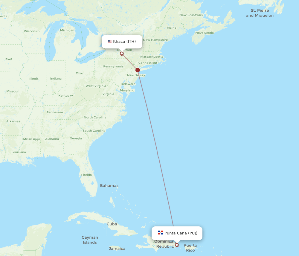 ITH to PUJ flights and routes map