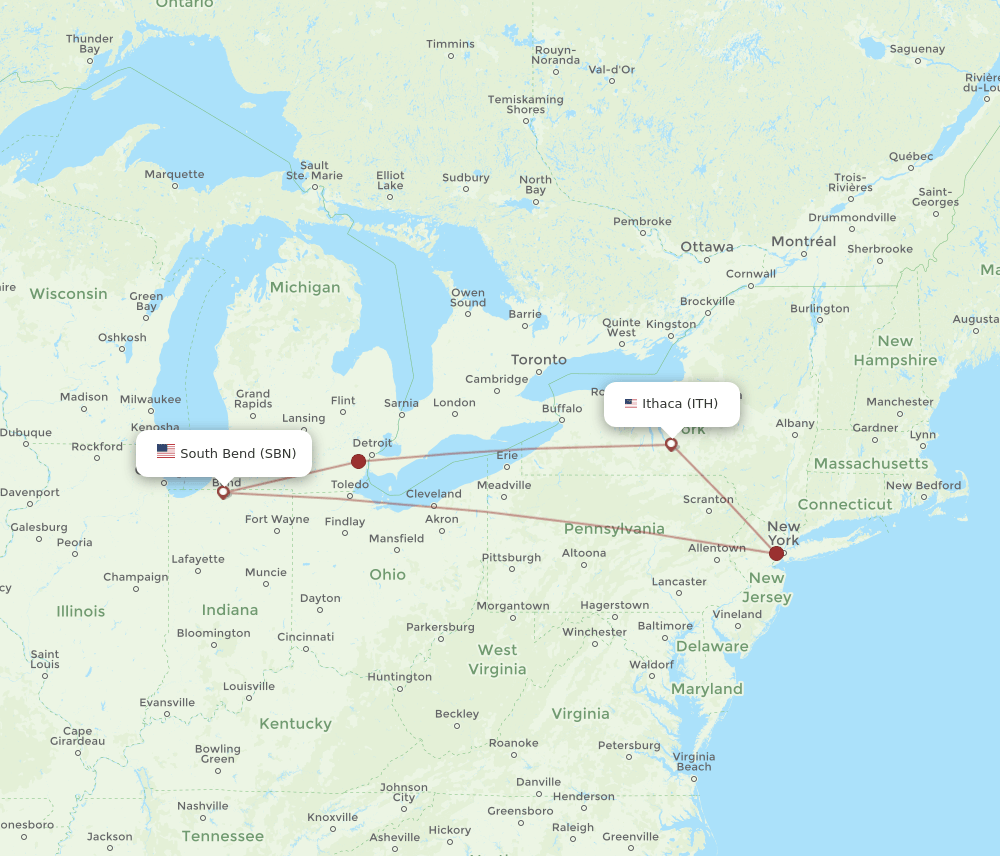 Ithaca - South Bend route map and flight paths