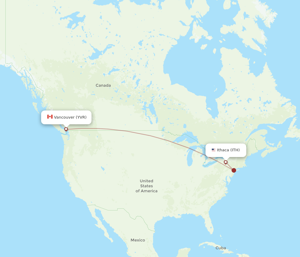 Vancouver - Ithaca route map and flight paths