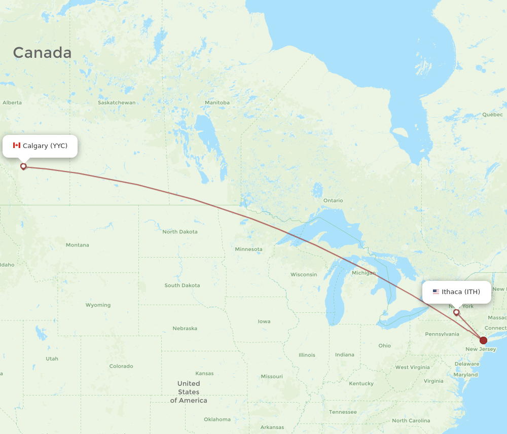 Calgary - Ithaca route map and flight paths