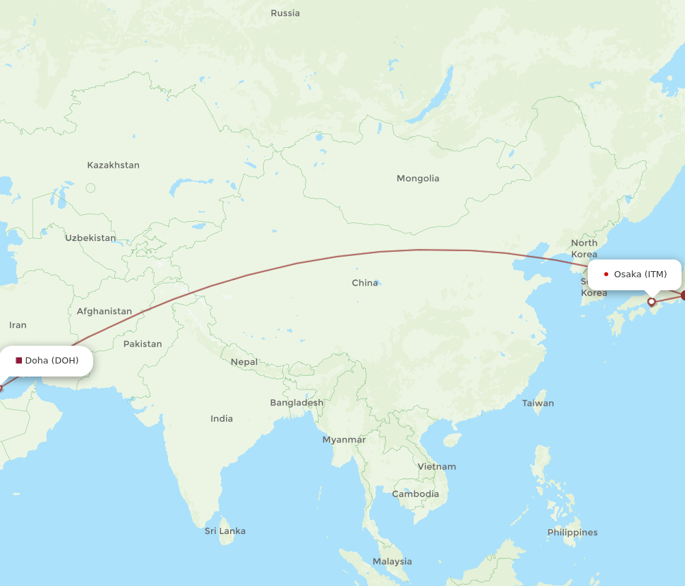 Doha - Osaka route map and flight paths