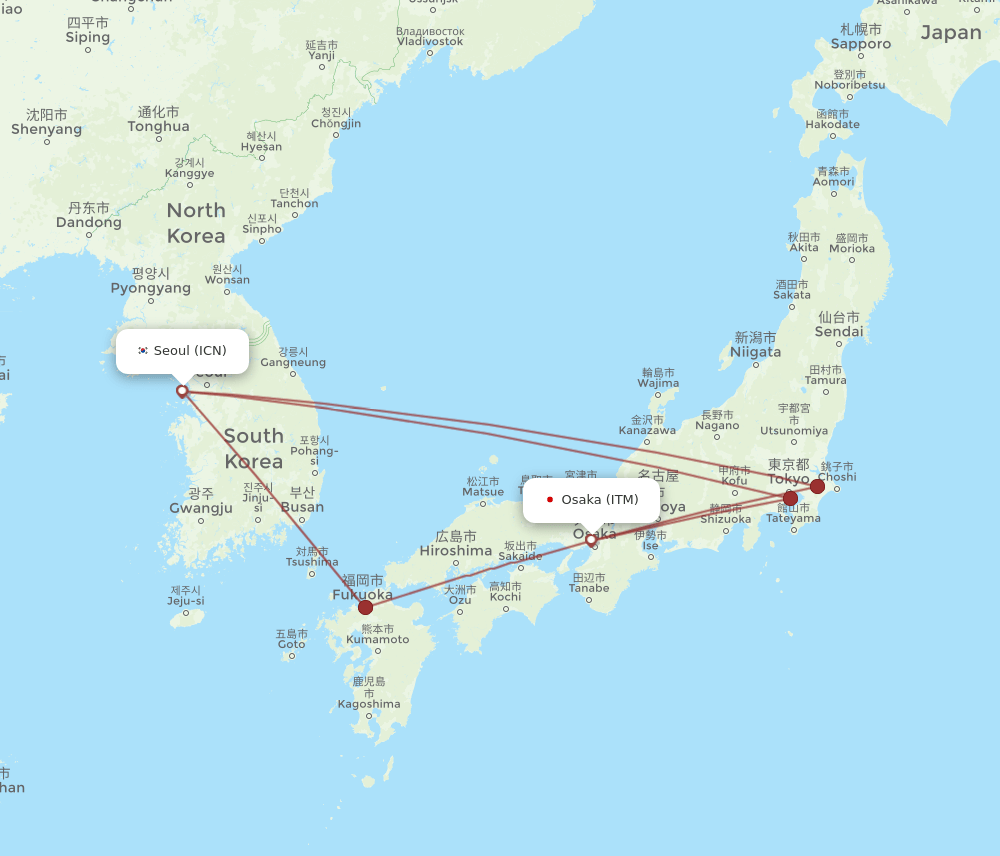 ITM to ICN flights and routes map