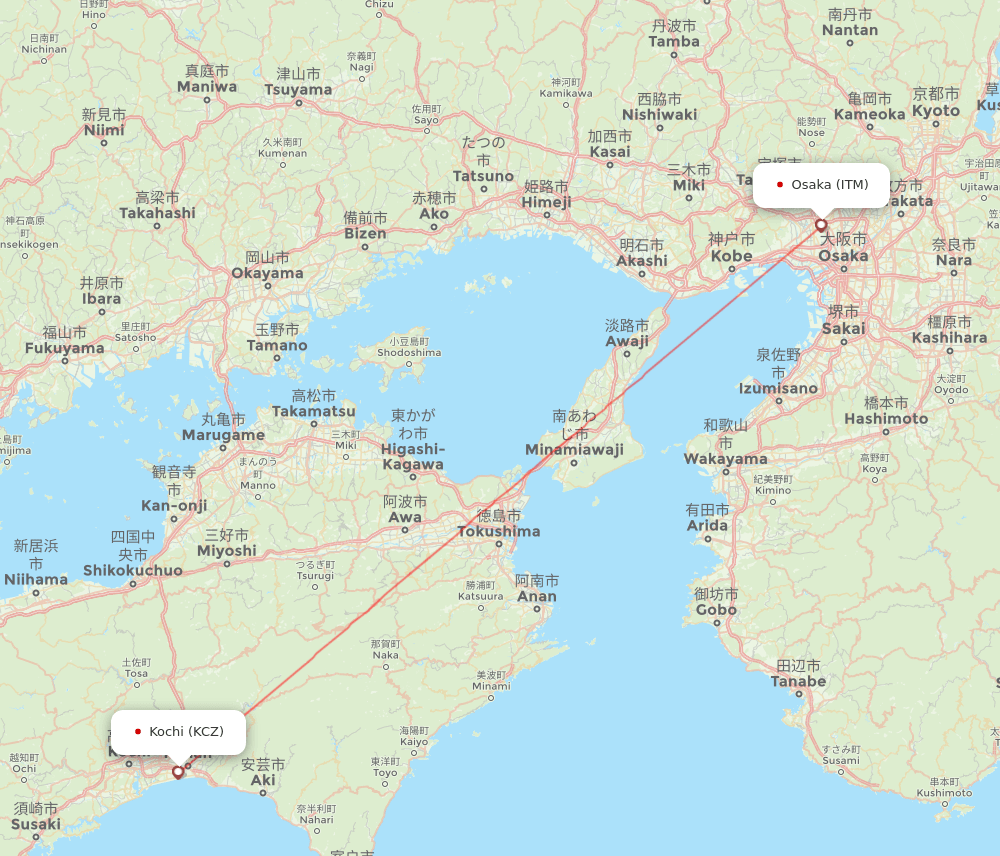 Osaka - Kochi route map and flight paths