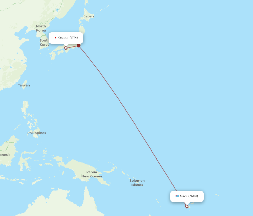 Nadi - Osaka route map and flight paths