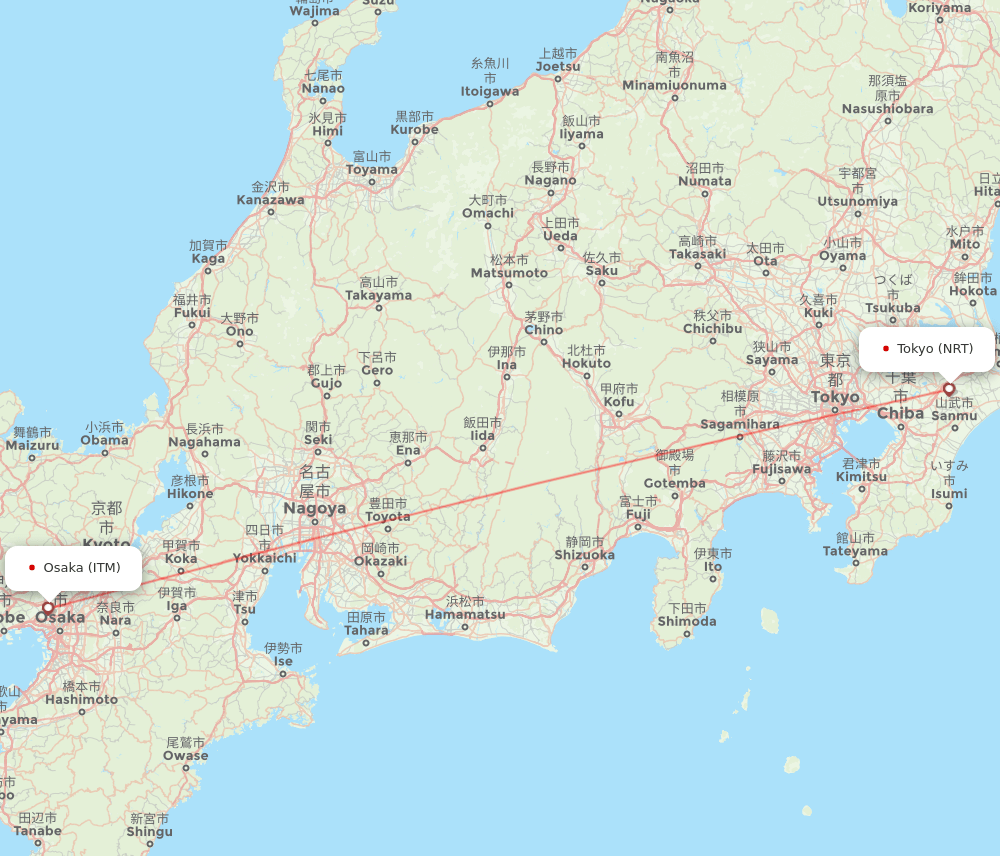 Osaka - Tokyo route map and flight paths