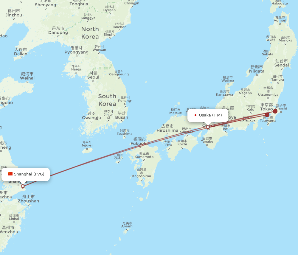 ITM to PVG flights and routes map