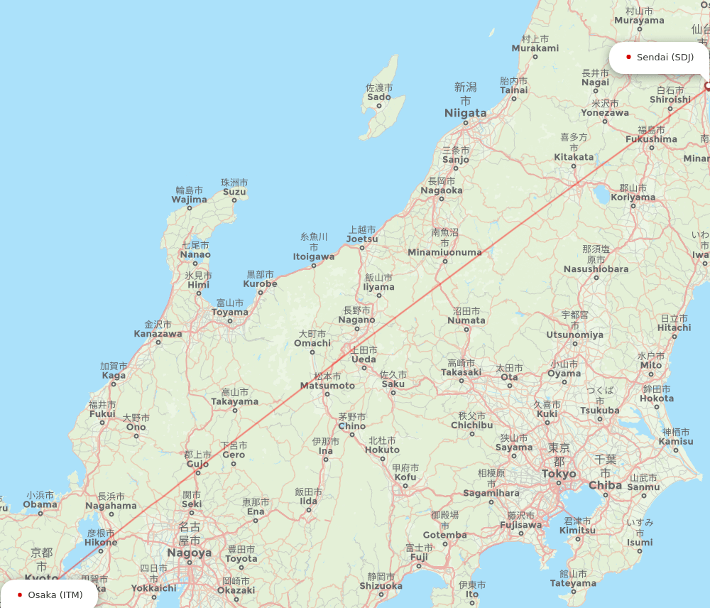 Osaka - Sendai route map and flight paths