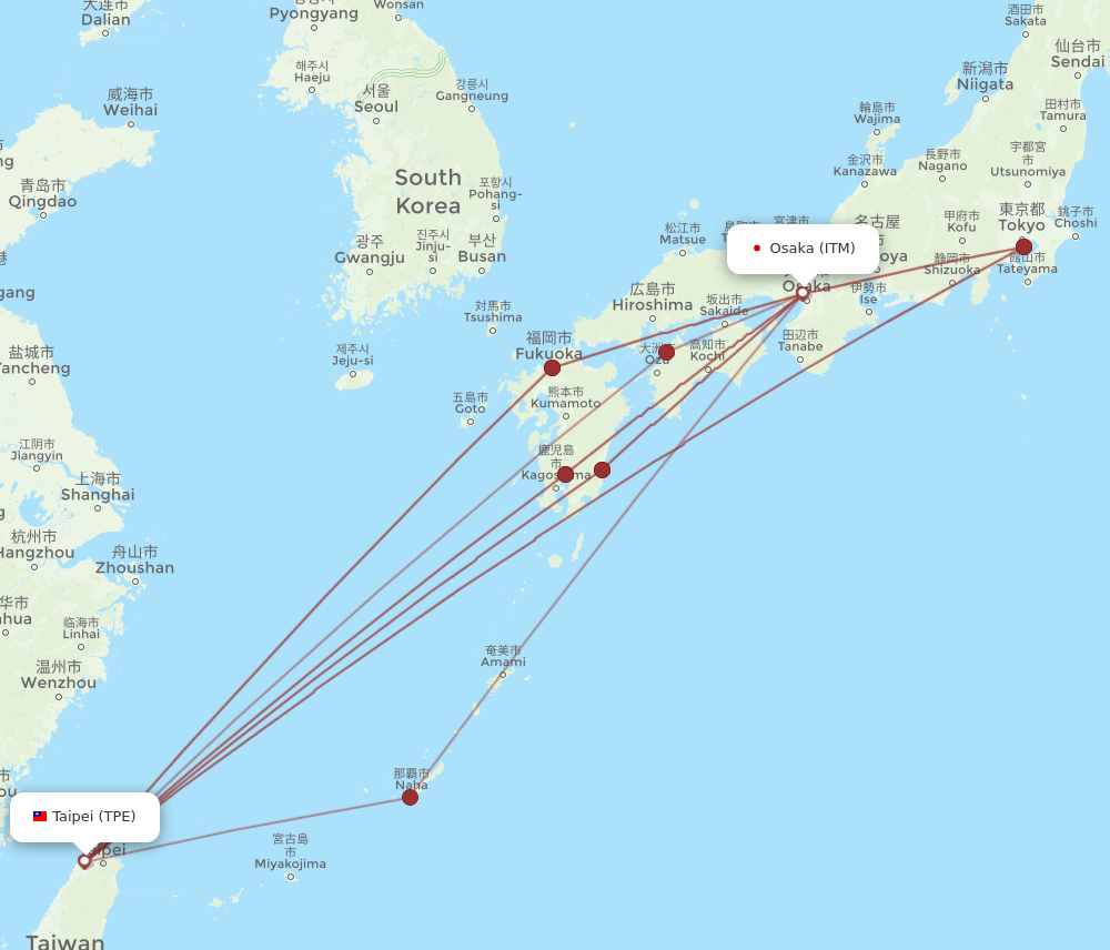 ITM to TPE flights and routes map
