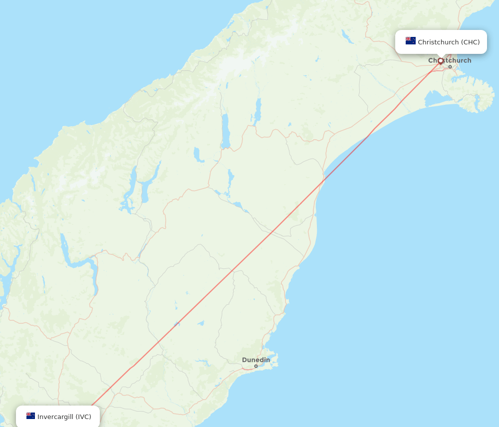 Invercargill - Christchurch route map and flight paths