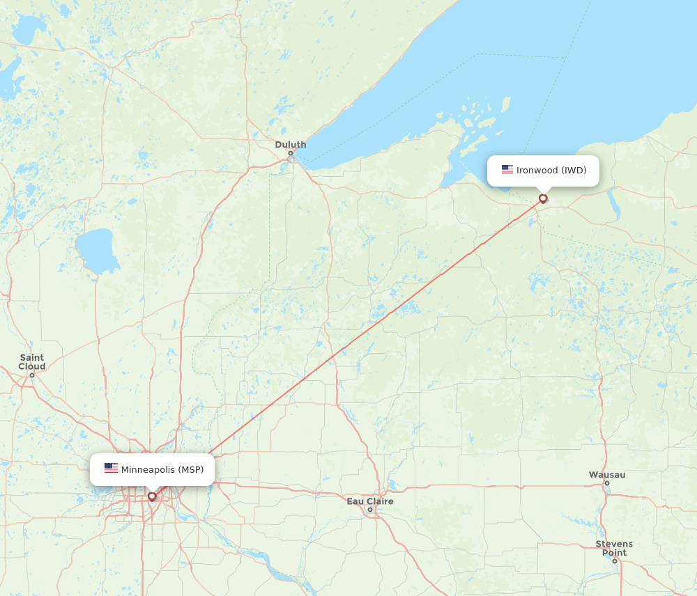 IWD to MSP flights and routes map