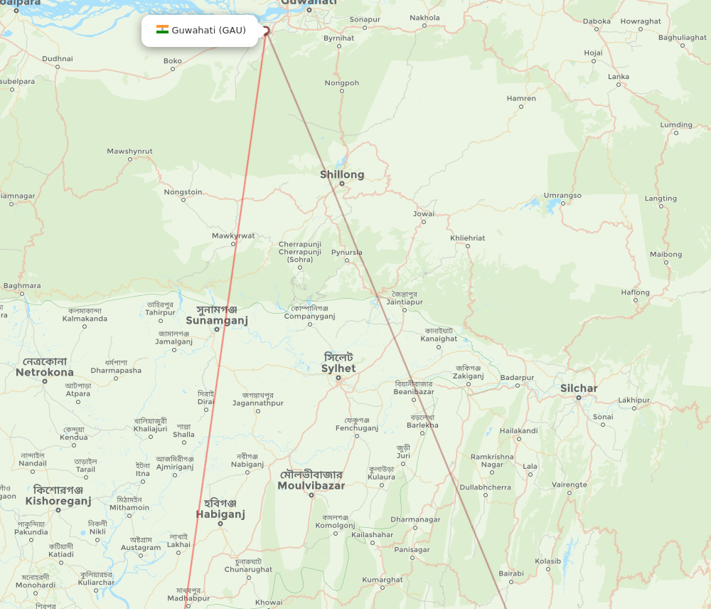 Agartala - Guwahati route map and flight paths