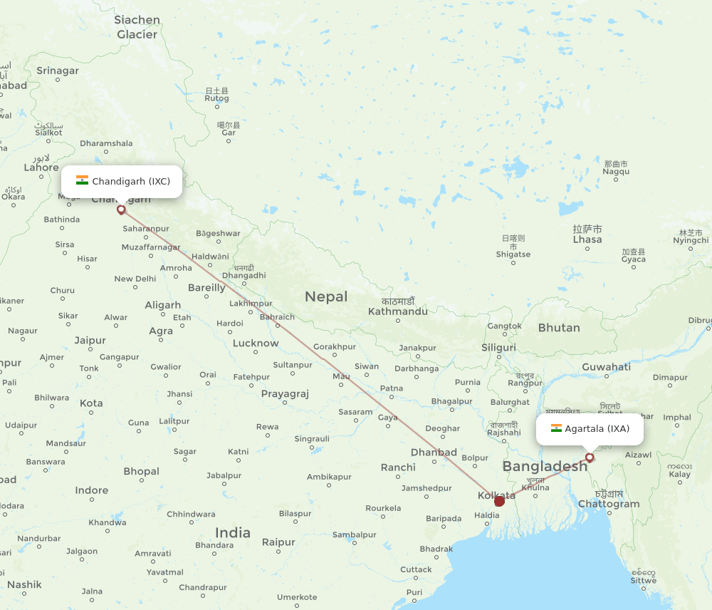 Chandigarh - Agartala route map and flight paths