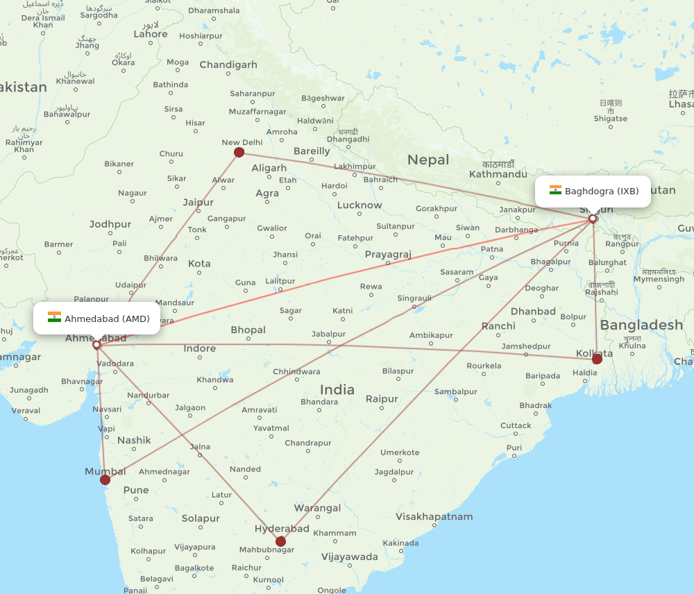 IXB to AMD flights and routes map