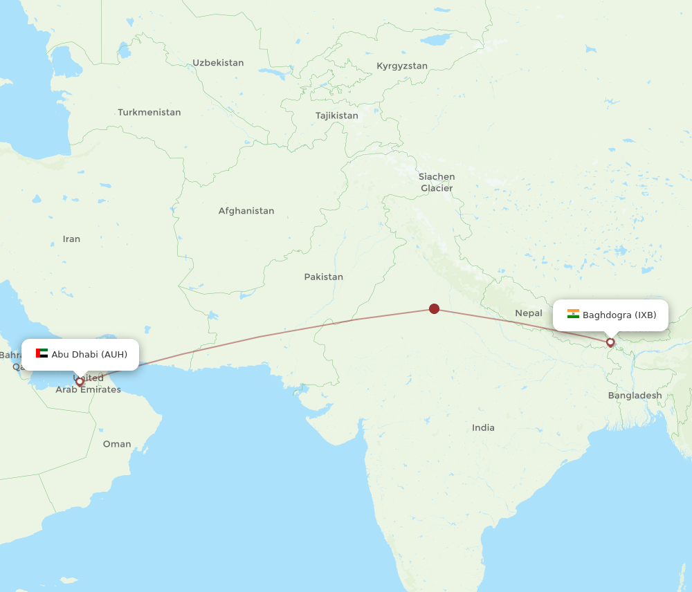 IXB to AUH flights and routes map