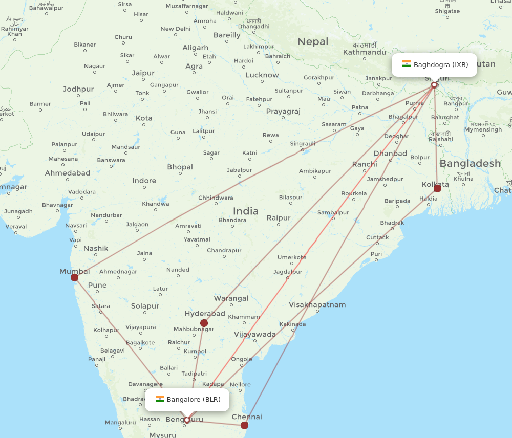 IXB to BLR flights and routes map