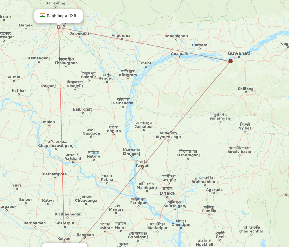 Bagdogra - Kolkata route map and flight paths