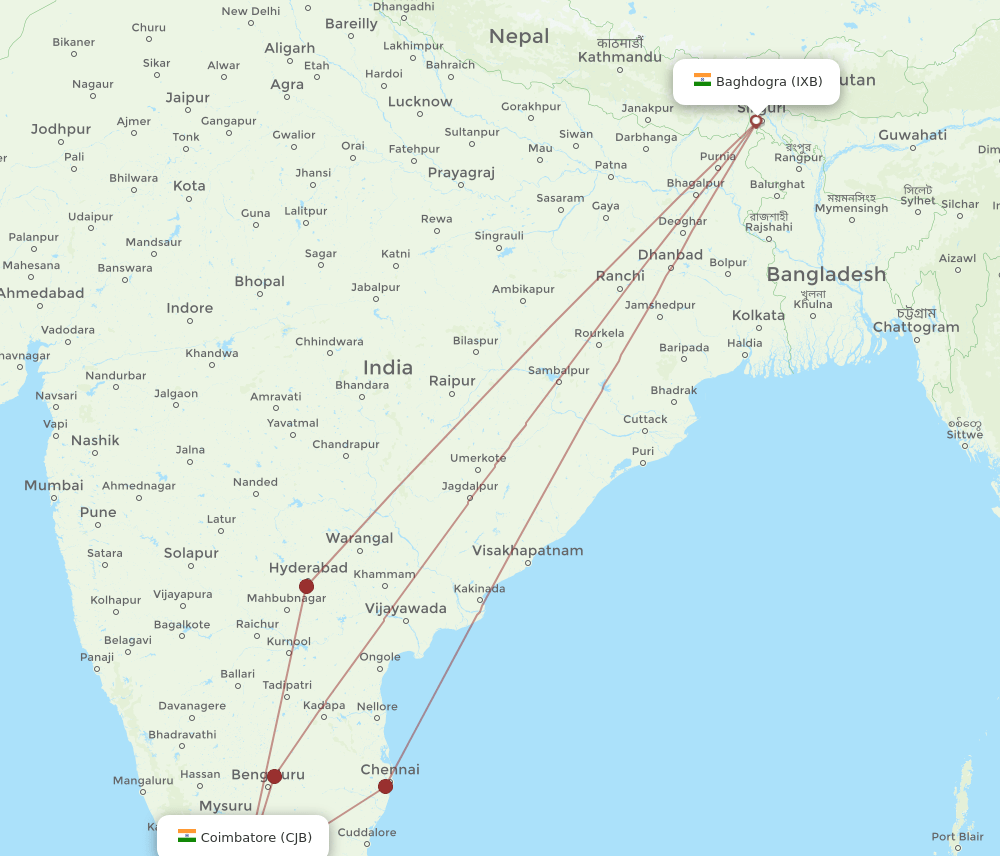 IXB to CJB flights and routes map