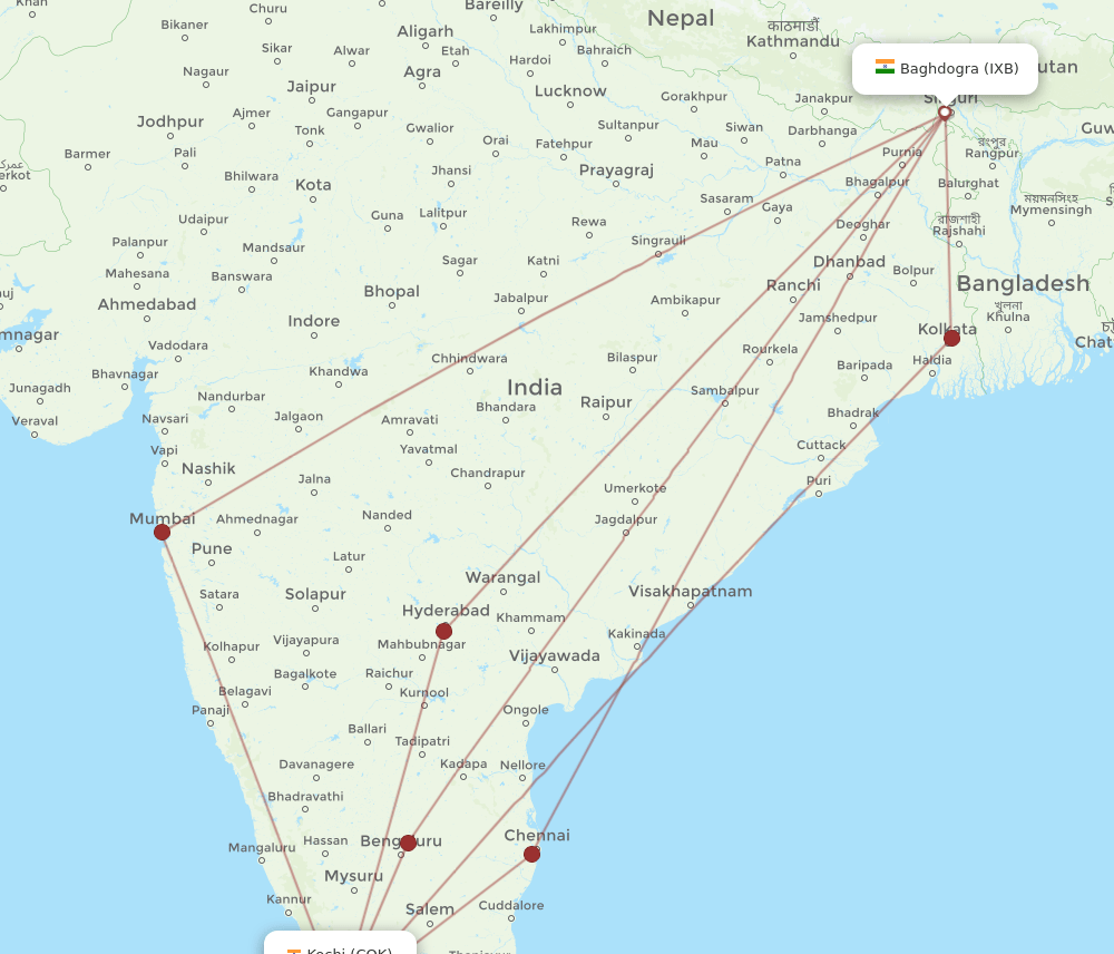 IXB to COK flights and routes map