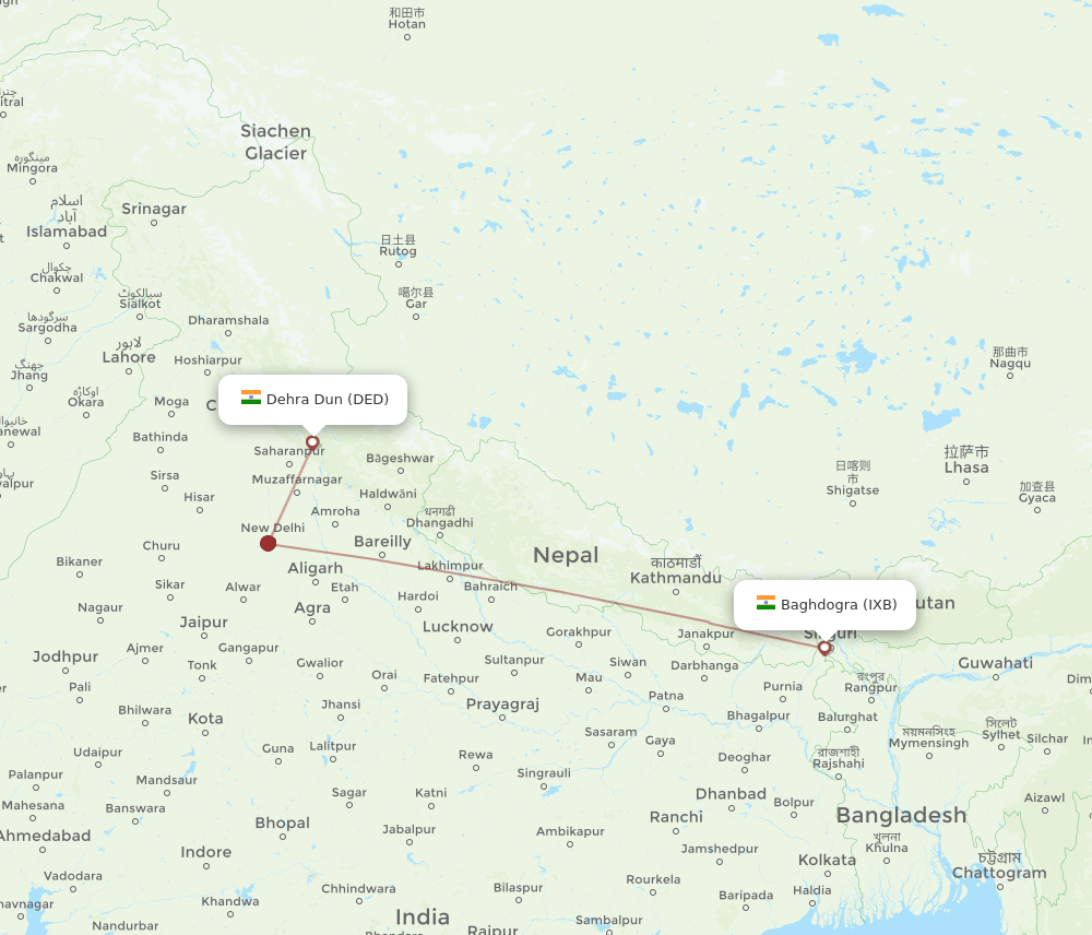 Dehra Dun - Bagdogra route map and flight paths