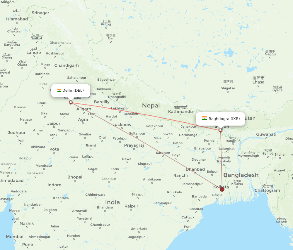 IXB to DEL flights and routes map