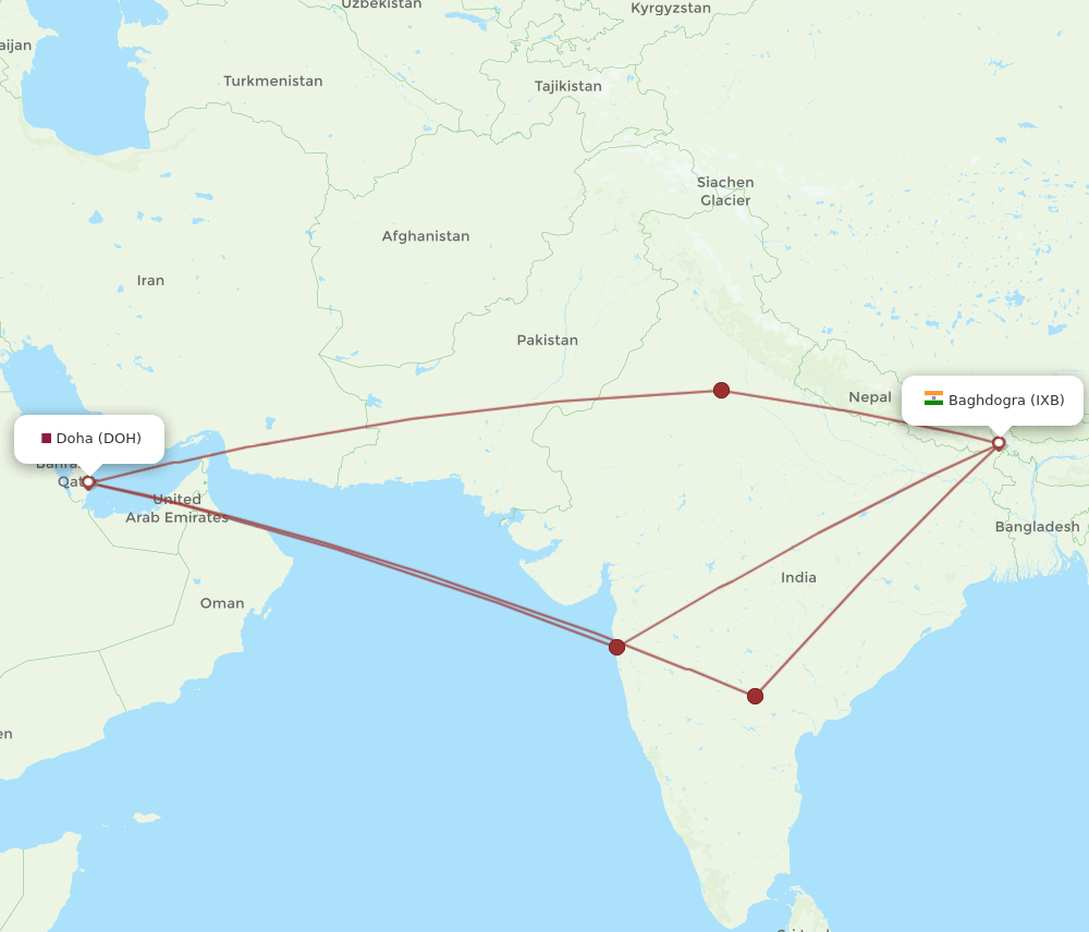 IXB to DOH flights and routes map