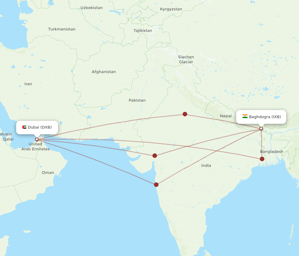 IXB to DXB flights and routes map