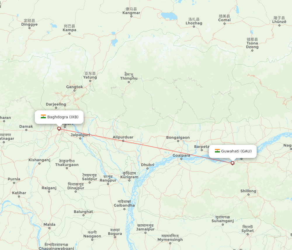 IXB to GAU flights and routes map