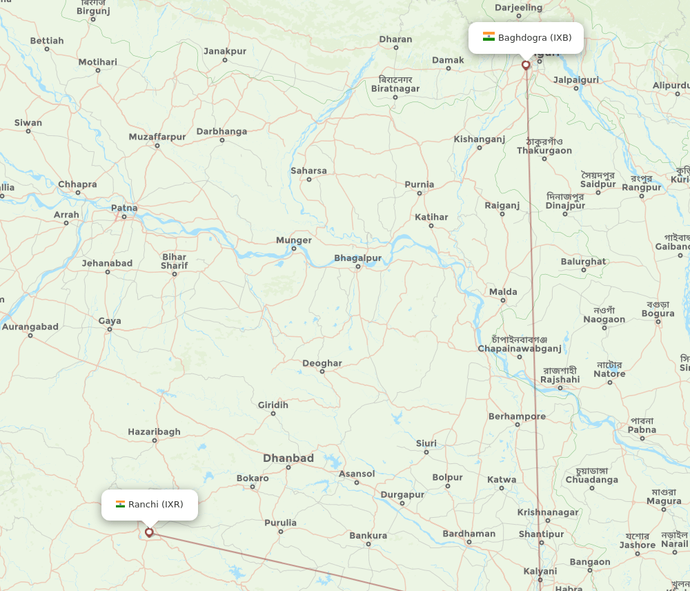 IXB-IXR flight routes