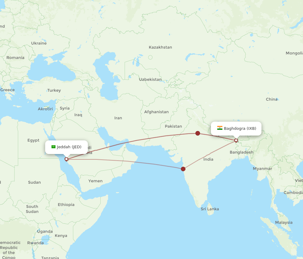 IXB to JED flights and routes map