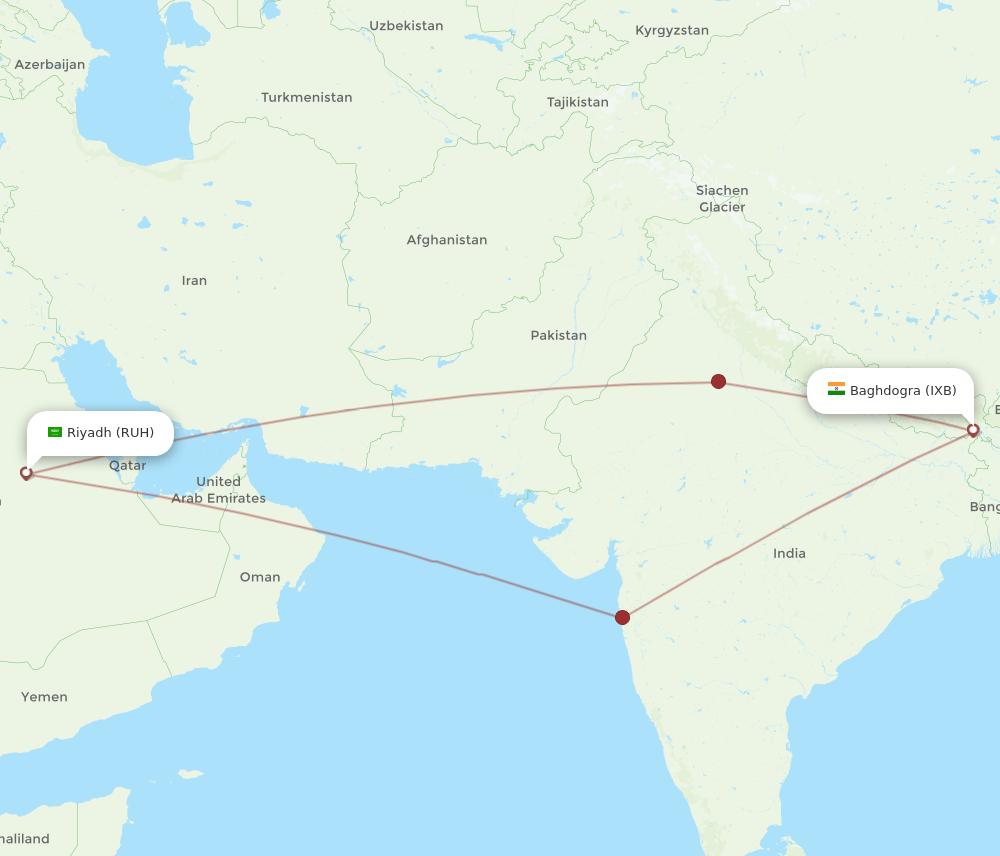 IXB to RUH flights and routes map