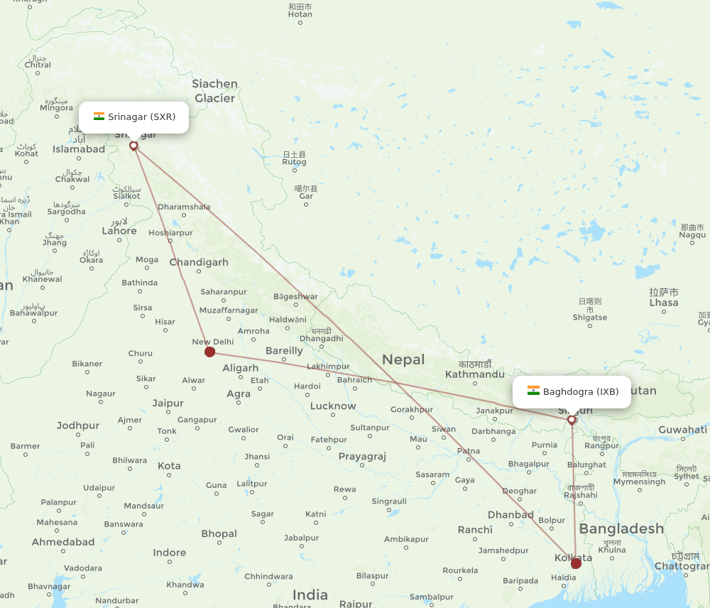 IXB-SXR flight routes