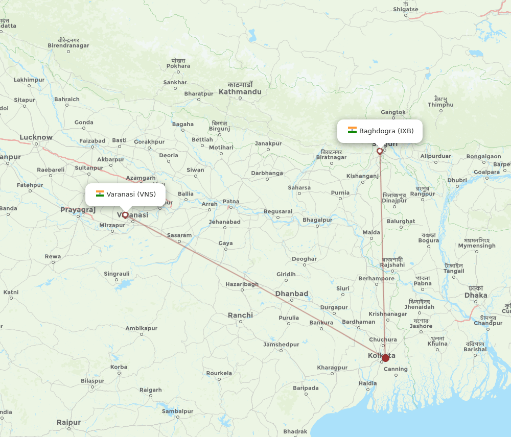 Varanasi - Bagdogra route map and flight paths