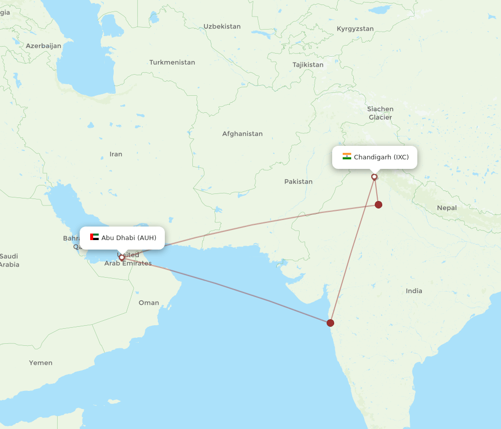 IXC to AUH flights and routes map