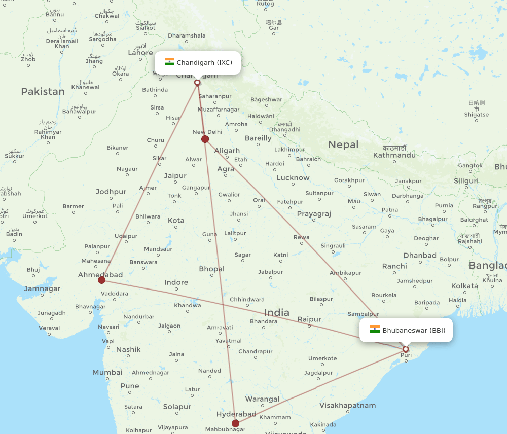 IXC to BBI flights and routes map