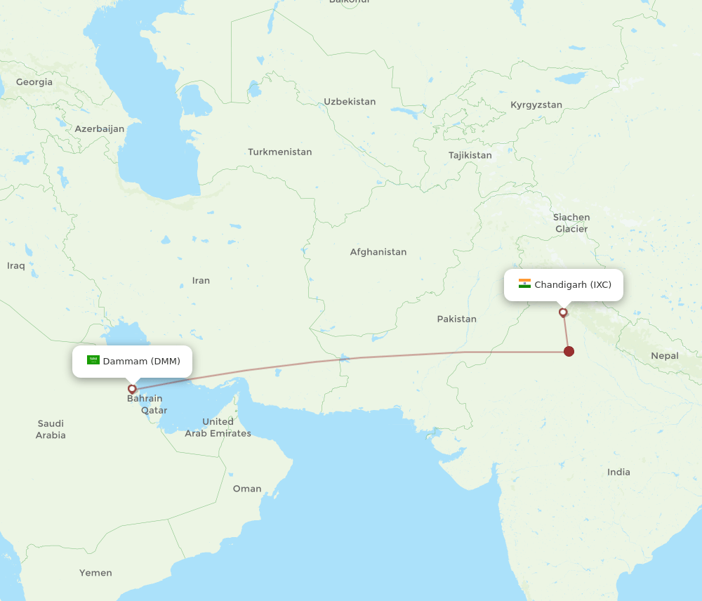 Dammam - Chandigarh route map and flight paths