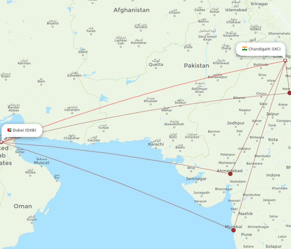IXC to DXB flights and routes map