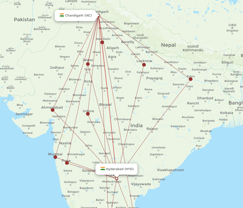 IXC to HYD flights and routes map