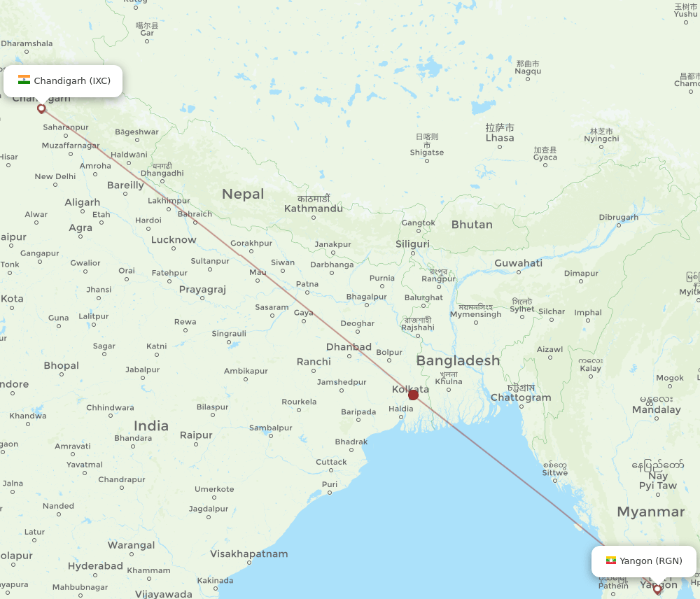 Yangon - Chandigarh route map and flight paths