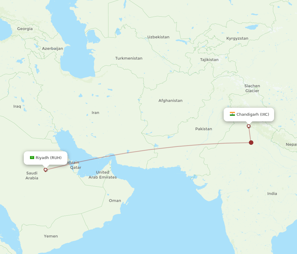 Riyadh - Chandigarh route map and flight paths
