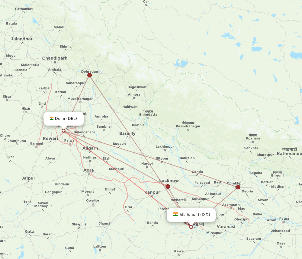 Allahabad - Delhi route map and flight paths