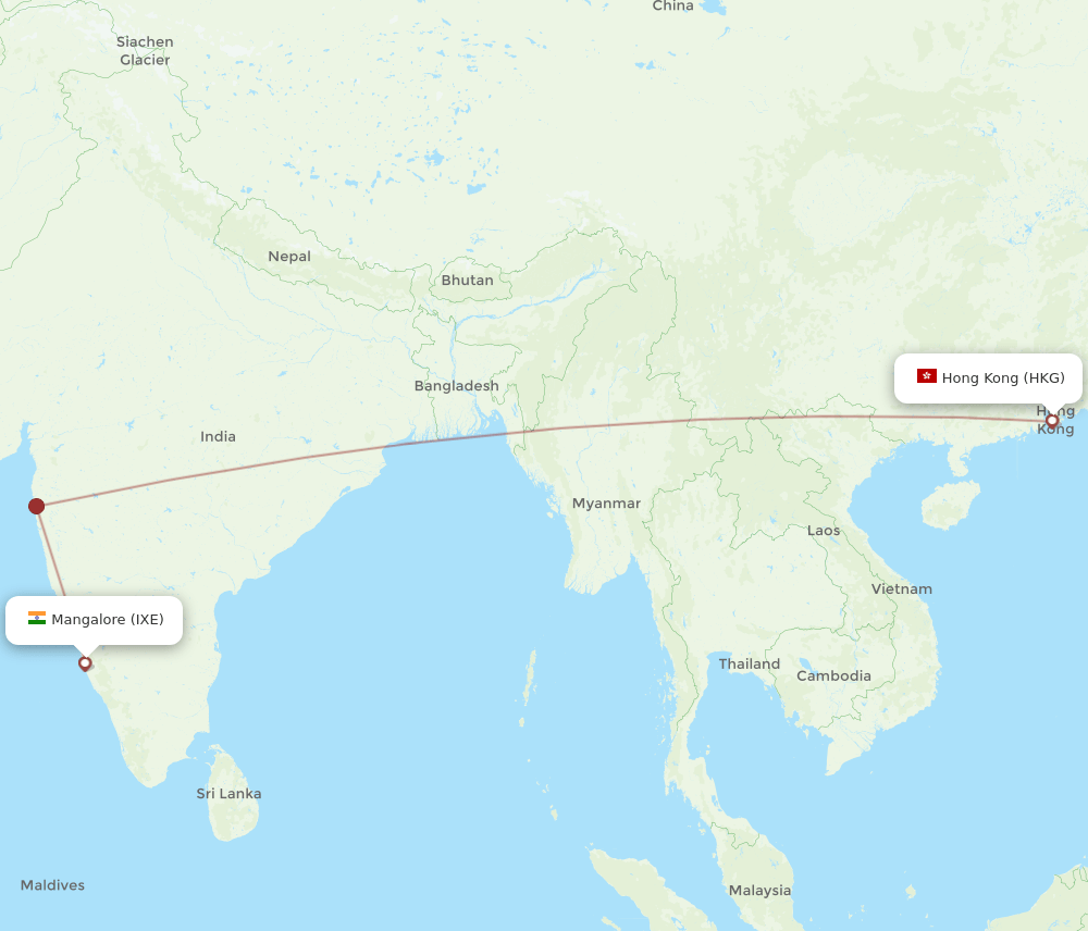 Hong Kong - Mangalore route map and flight paths