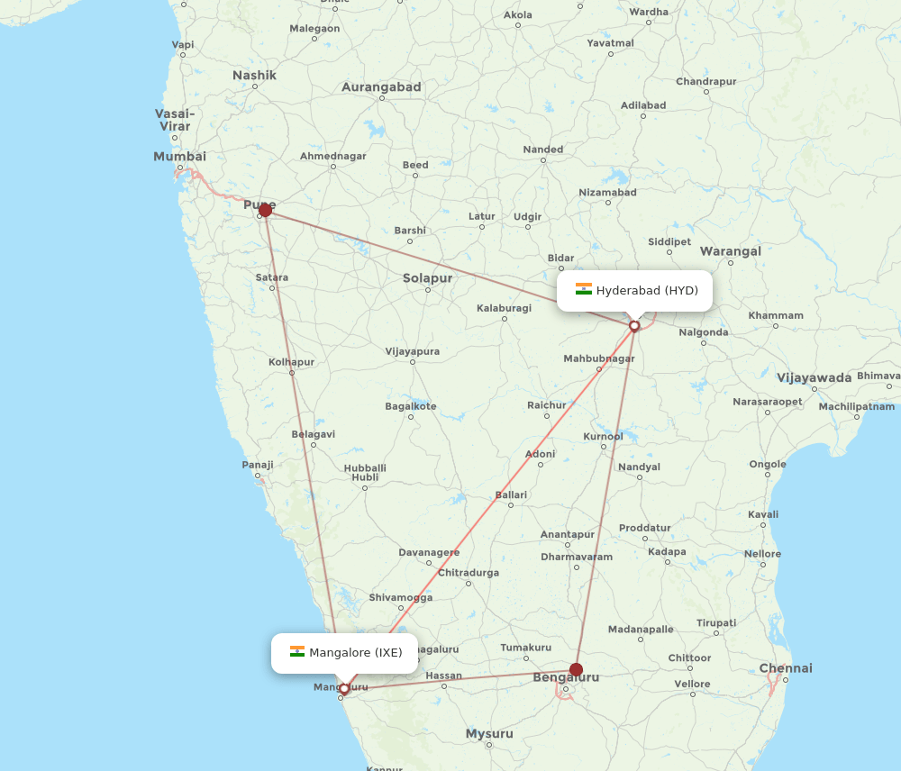 IXE-HYD flight routes