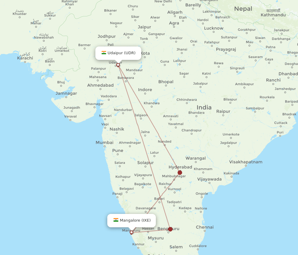 IXE to UDR flights and routes map
