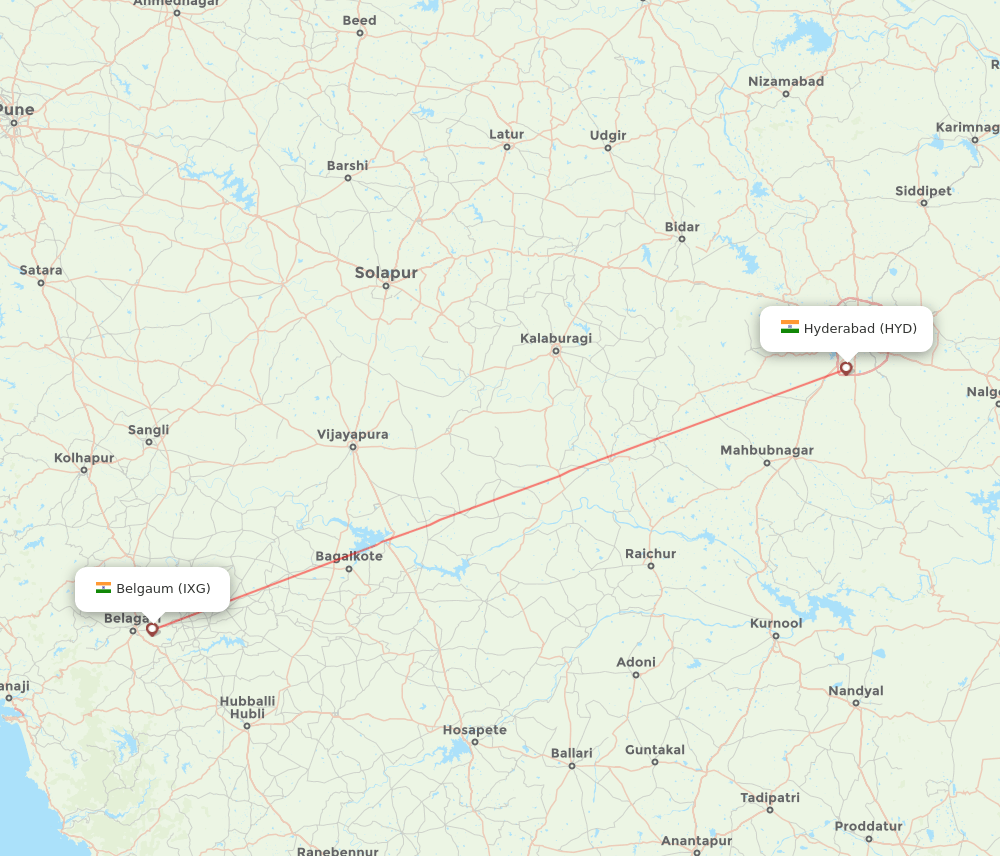IXG to HYD flights and routes map